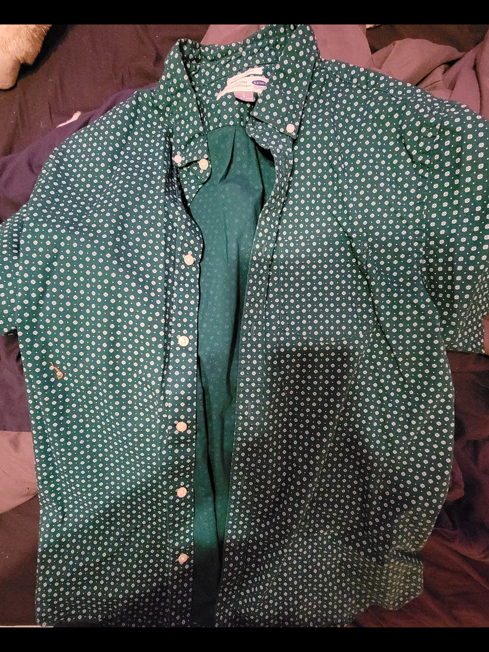 Old Navy Green Short Sleeve Button-Up with White Floral Print